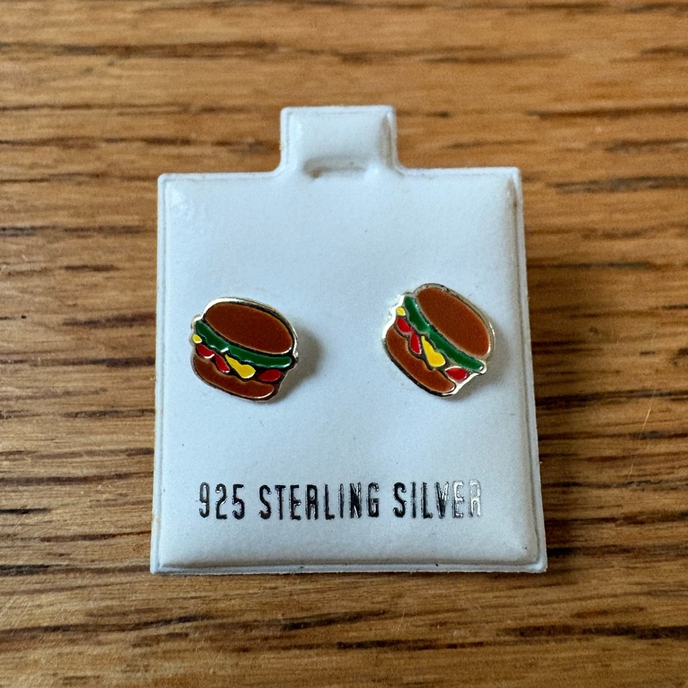 Sterling Silver and Enamel Burger Stud Earrings